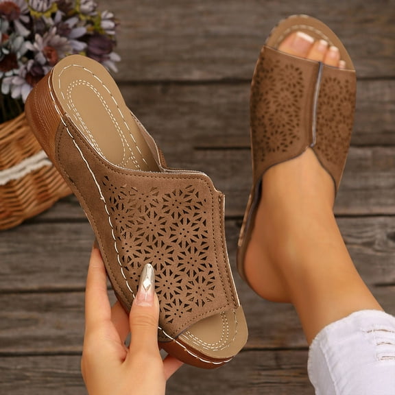 Womens Sandals Comfortable Fashion Casual Summer New Beach Round Toe Solid Hollow Wedge Sandals