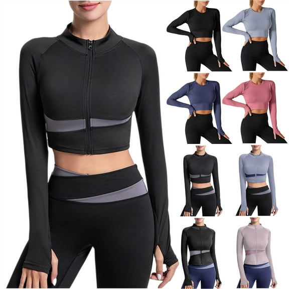 Gifts for Dad! BiZtdJrK Womens Zip Up Crop Workout Jackets Summer Sun Protection Sportwear Stand Collar Long Sleeve Slim Fit Yoga Athletic Tops with Thumb Holes Black S