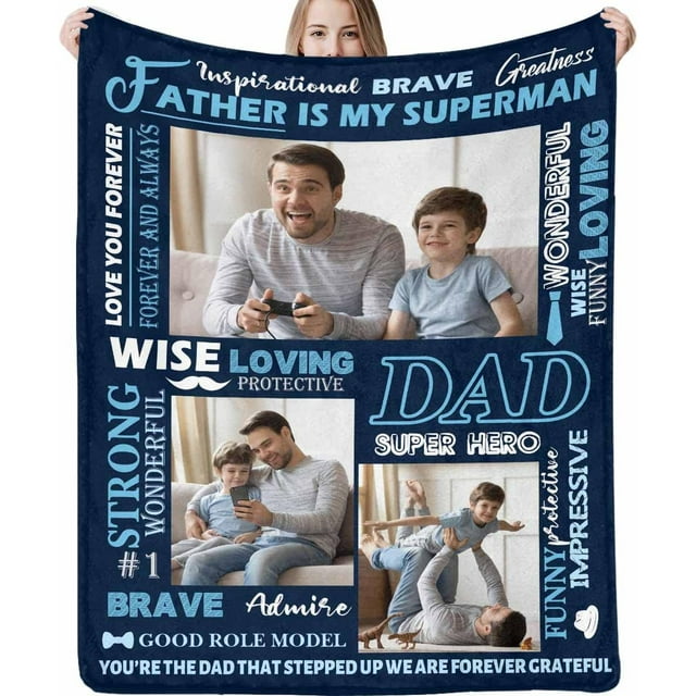 Gifts for Dad Custom Blankets with Photo Collection 4 Photos Happy Father's Day Love You Navy