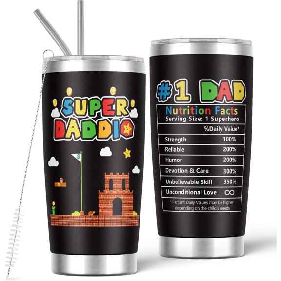 Gifts for Dad from Daughter Son, Birthday Gift for Dads, Christmas Stainless Steel Cups, Father Travel Coffee Tumbler Cup, Super Daddy Nutrition Facts Mug, Gifts for New Papa, Husband Gifts, 20 Oz