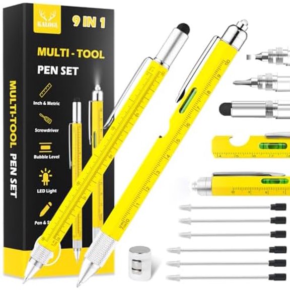 Gifts for Dad Men Him,2 Pack Multitool Pen,Multi-tool Pen with [Stylus, Ballpoint Pen, 6 refills, 4" Ruler, Level, Phillips Screwdriver,LED] (Yellow)