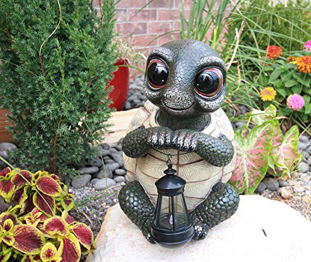 Adorable Baby Turtle Holding Solar Lantern Garden Statue