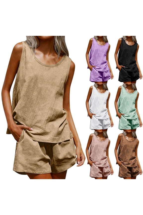 Gifts Dianli 2-Piece Fashion Women’s Round Neck Sleeveless Blouse and Loose Pocket Pants Set, Cotton Linen Blend, Relaxed Lightweight Loungewear for Summer or Everyday Comfort Pink M