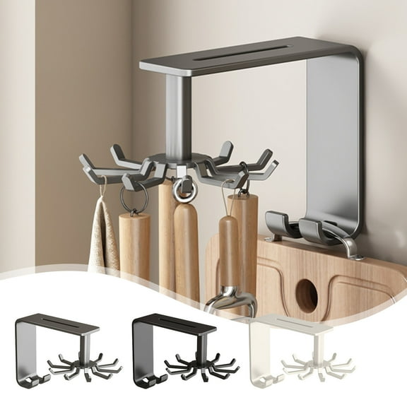 Gifts Dianli 360° Rotating Kitchen Utensil Hanging Rack Wall Mounted 10 Hooks Carbon Steel Organizer Self-Adhesive Space Saver for Pots Pans Spoons Mugs Gray White End-of-Season Clea-rance Discounts