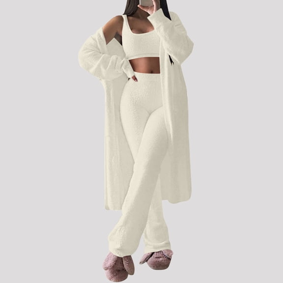 Gifts Dianli 3PC Cozy Womens Plush Loungewear Set Solid Long Sleeve Round Neck Top Tank and Long Pants Soft Fluffy Homewear Pajama Lounge Set Relaxed Fit Warm Sleepwear