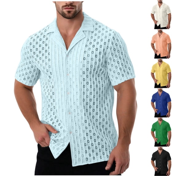 Gifts Dianli Casual Travel Men's Turndown-Collar Solid Short Sleeve Button Cardigan Shirt Hollow Jacquard Knit Top Lightweight Breathable Summer Office Everyday