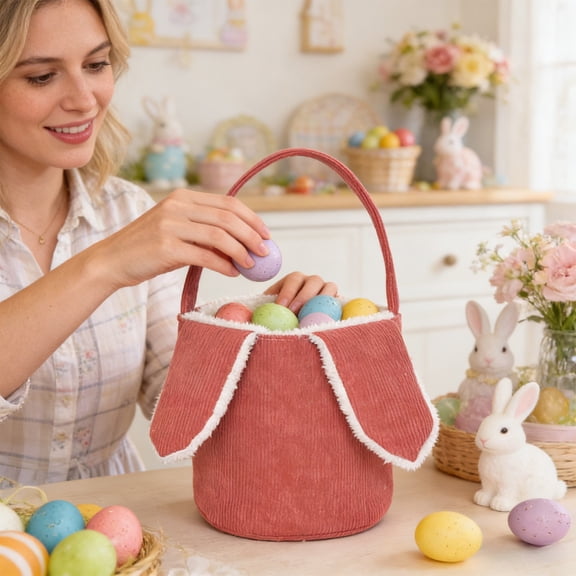 Gifts Dianli Easter Gift Bag Kids Basket Corduroy Fleece Easter Gift Basket Candy Bag Soft Plush Handle Easter Hunt Storage Sack for Kids Holiday Party Favor Easter Basket