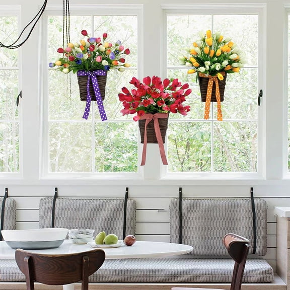Gifts Dianli Home Decor Faux Silk Tulip Bouquet Artificial Flowers With Woven Basket Ruffled Arrangement, Decorative Flower Baskets for Table, Mantel, Living Room, Bedroom Fake Flowers