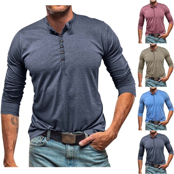 Gifts Dianli Mens Long Sleeve Button Up Shirt Half Cardigan Round Neck Top Athletic Performance Polyester Casual Wear for Workouts Gym and Daily Activities