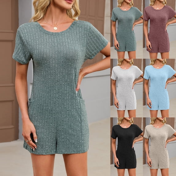 Gifts Dianli Pajamas Loungewear Front Back Pocket Short Sleeve Loose Jumpsuit With Pockets Round Neck Relaxed Fit Casual Homewear Convertible Sleepwear Nightwear