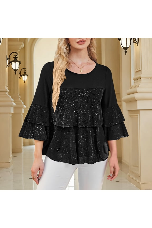 Gifts Dianli Party Evening Womens Sparkling Ruffle 3/4 Sleeve Round-Neck Flowy Blouse Solid Color Elegant Banquet Sequin Accent Dressy Top for Wedding Reception