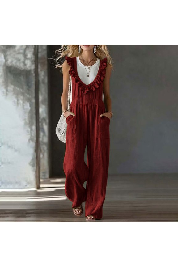 Gifts Dianli Rompers for Women Ruffle Wide Leg Jumpsuit Sleeveless Casual V Neck Smocked Waist Overalls With Pockets Wine XXL