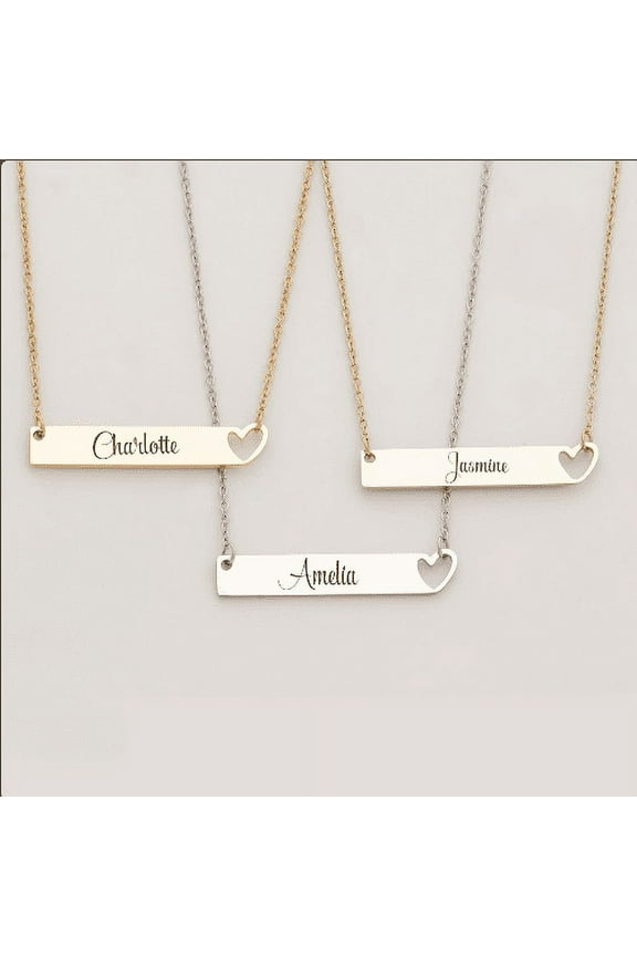 Gifts For Best Friend - Name Necklace Engraved - Bar Necklace with Heart - Stainless Steel Name Necklace - Gift for BFF
