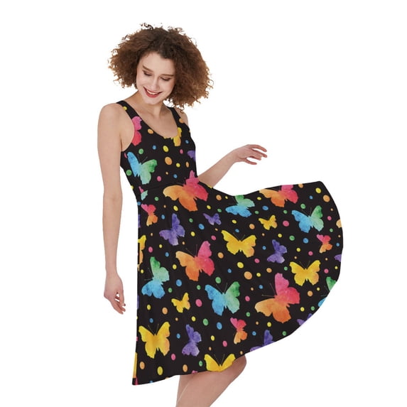Gifts For Butterflies Lovers. Colorful Watercolor Butterfly Print Sleeveless Knee Length Dress, Butterfly Fashion Summer Maxi Dress For Women.