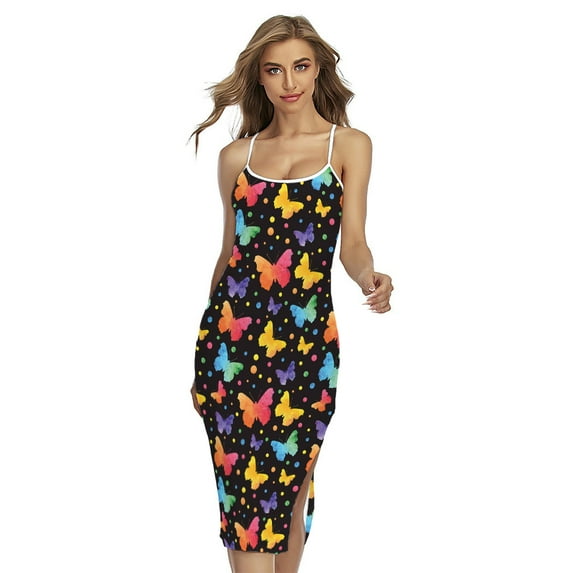 Gifts For Butterflies Lovers. Colorful Watercolor Butterfly Printed Cross Back Cami Dress, Butterfly Fashion Summer Maxi Sexy Casual Dress For Women