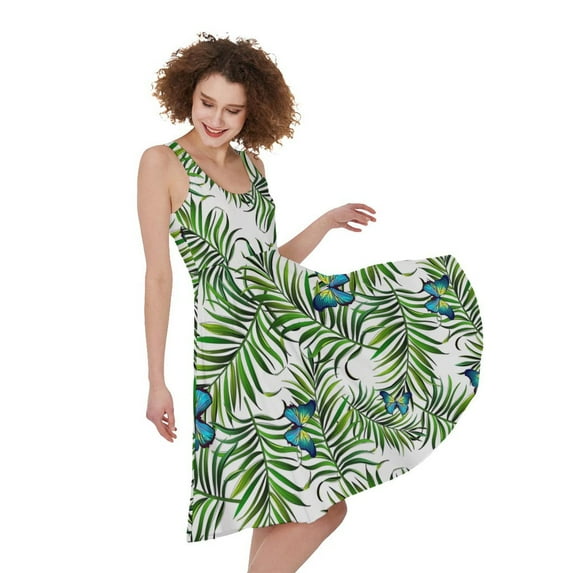 Gifts For Butterflies Lovers. Tropical Butterfly Pattern Print Sleeveless Knee Length Dress, Butterfly Fashion Summer Maxi Dress For Women.