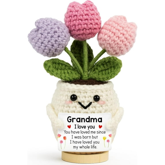 Gifts for Grandma - Cute Christmas, Mothers Day, Birthday Gifts for Moms - Emotional Positive Support Crochet Flower Plush - Knitted Positive Tulip Flowers Crochet Doll