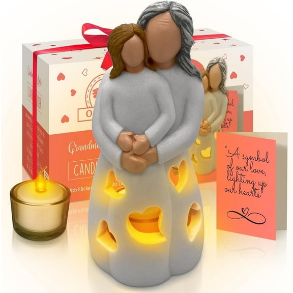 OakiWay Grandma and Granddaughter Candle Holder Figurine with W/Flickering LED Tealight Candle - Unique Nana Meaningful Present Ideas for Christmas, Greeting Card Included (Dark)