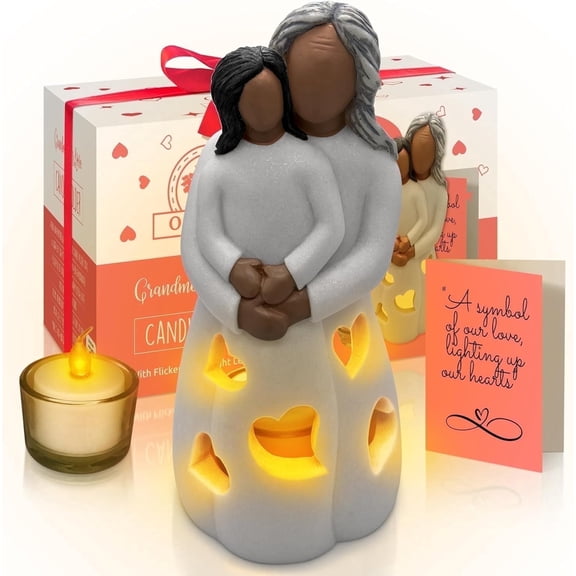Gifts for Grandma from Granddaughter - Hand-Painted Candle Holder Statue W/Flickering LED Candle, Unique Nana Present Ideas for Christmas, Greeting Card Included (Dark)
