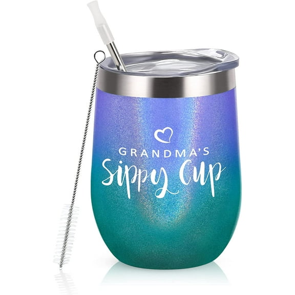 Gifts for Grandma, Grandma''s Sippy Cup Wine Tumbler, Birthday Mother''s Day Gifts for Grandma Grandmother New Best Grandma Nana, 12 Oz Insulated Stainless Steel Tumbler with Straw, Glitter
