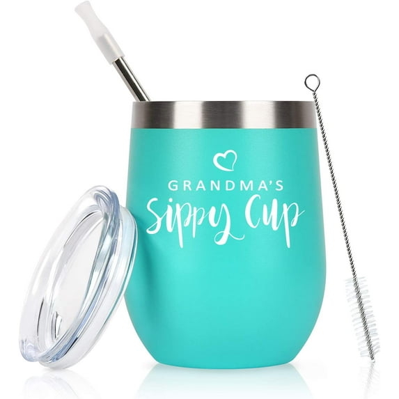 Gifts for Grandma's Sippy Cup Wine Tumbler with Lid, Birthday Mother's Day Gifts for Grandmother New Best Grandma Granny Nana, 12 Oz Insulated Stainless Steel Tumbler with Straw, Mint