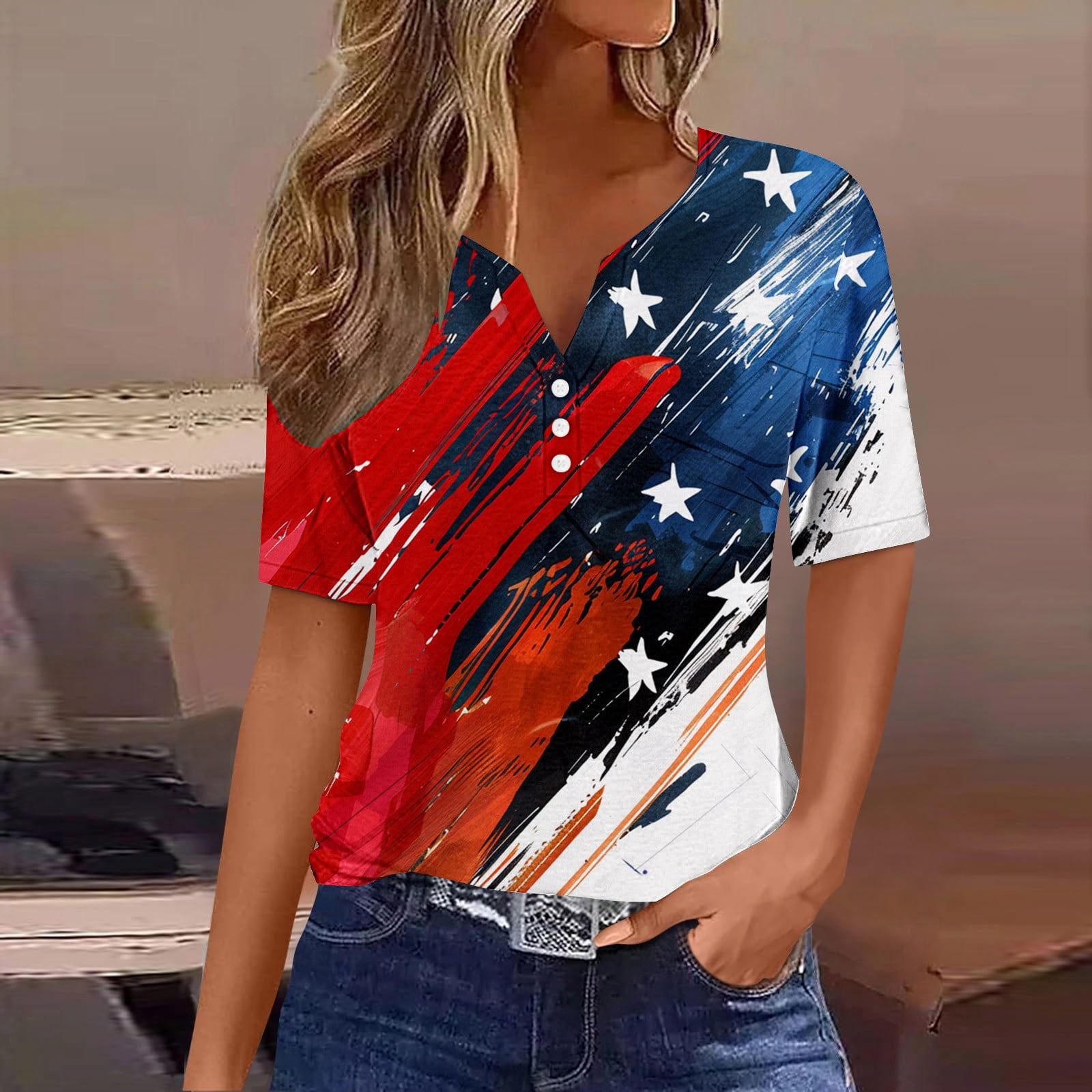 Gifts for Her 4th of July Shirts Women Funny Basic Tees V Neck Patriotic Dresses Plus Size Red