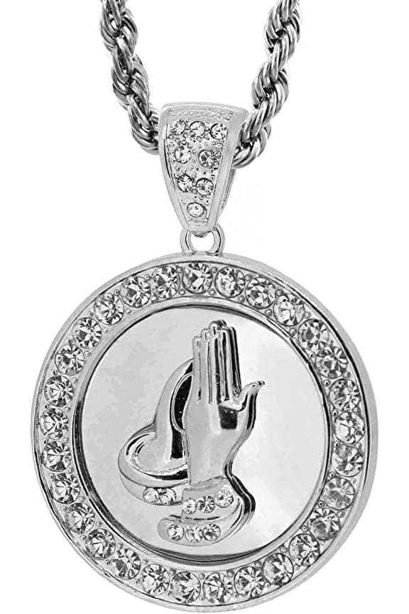 Silver Tone Round Praying Hands Pendant with 30" Rope Chain