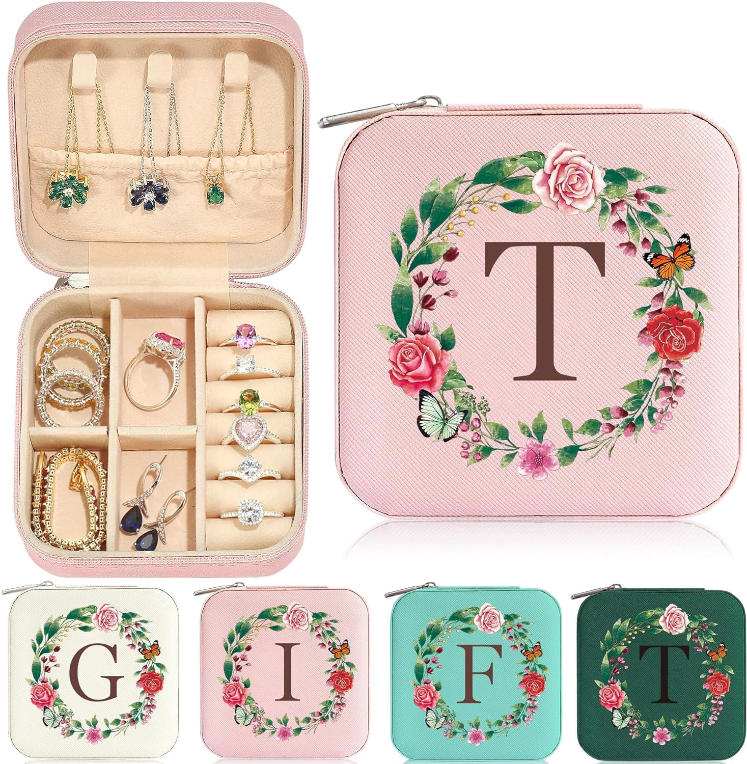 Gifts For Her - Initial Travel Jewelry Box | Small Travel Jewelry Case | Birthday Gifts For Her | Gift Her | Girls Women Her Wife Girlfriend Gift Idea |Her Gifts For Women - Letter T, Pink[Z2855]