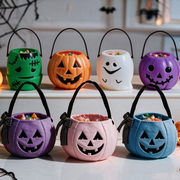 Gifts for Kids! Fwttom Halloween Candy Bucket - Holiday Trick or Treat Bucket, Portable Halloween Decorations Pumpkin Candy Bags for Kids