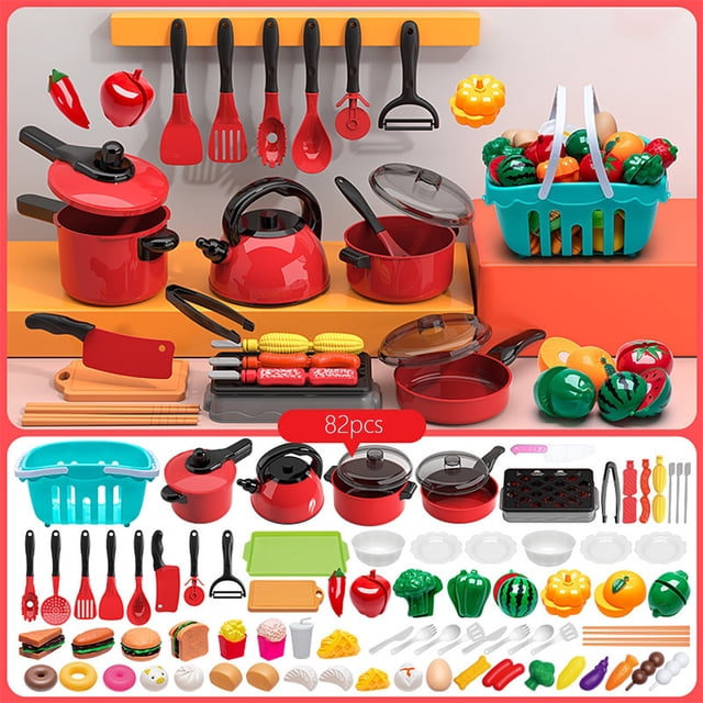 Gifts for Kids! Fwttom Kids Play Kitchen Accessories, 82 pcs Toddlers Toy Kitchen Sets with Play Food Dinnerware & Cooking Utensils, Educational Toys for Kids Learning Skills