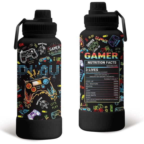 Gifts for Lovers - 34oz Gamer Water Bottle with Lid, Gaming Play Stainless Steel Water Bottle, Leak Proof, , Insulated Bottles for Gamer Lover Party Birthday Christmas Cup