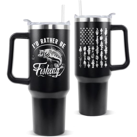 Gifts for Men 40oz Fishing Tumbler with Handle and Straw Fishing Coffee Travel Mug Gifts Father''s Day Tumbler Fisherman Gifts for Men Dad Husband I''d Rather Be Fishing