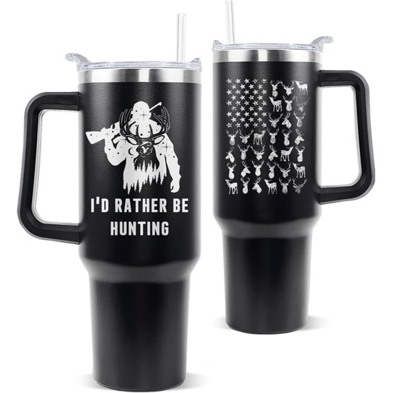 Gifts for Men 40oz Hunting Tumbler 40oz Tumbler with Handle and Straw I''d Rather Be Hunting Coffee Travel Mugs Patriotic Tumbler with Handle Deer Hunting Gifts for Men Dad Husband