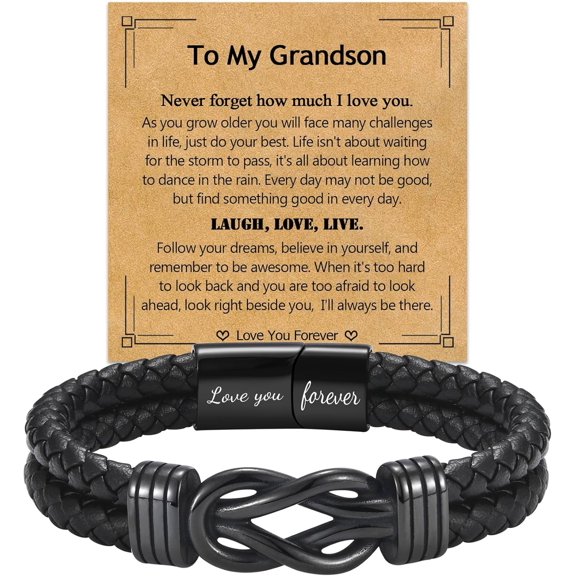 Gifts for Men- Black Braided Leather Infinity Knot Bracelets for Son Grandson Nephew Brother Dad Husband, Jewelry Gifts for Christmas Birthday Graduation Anniversary Valentine's Day