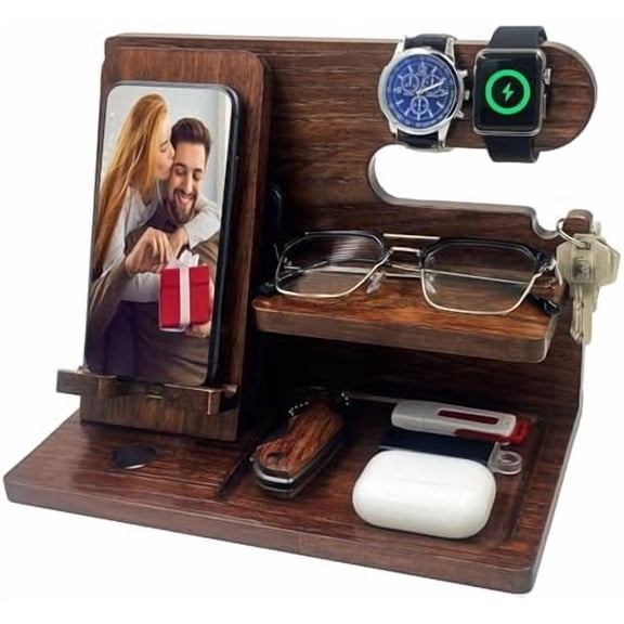 Gifts for Men Boyfriend Him Brother Nightstand Organizer Gifts for Dad from Daughter Son Wood Phone Docking Station Anniversary Birthday Gifts (Walnut)