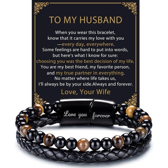 Gifts for Men - Mens Beaded Leather Bracelet with Tiger Eye Stainless Steel Engraved Anniversary Christmas Birthday Gifts for Son Husband Man 7.5/8.5/9 Inches Mens Leather Bracelet