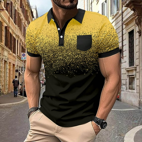 Gifts for Men! Titcea Mens Tshirts Star Gradient Printed Lapel Short Sleeve Buttons Work Shirts with Pockets Hawaiian Beach Holiday Summer Casual T-Shirts