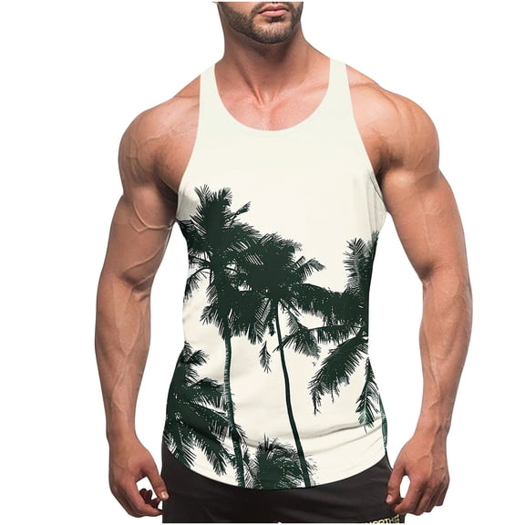 Gifts for Men! Titcea Tank Tops Men Palm Tree Printed Round Neck Sleeveless Thin Strap Leakage Back Shirts Hawaiian Beach Holiday T Shirts Summer Casual Tank Top