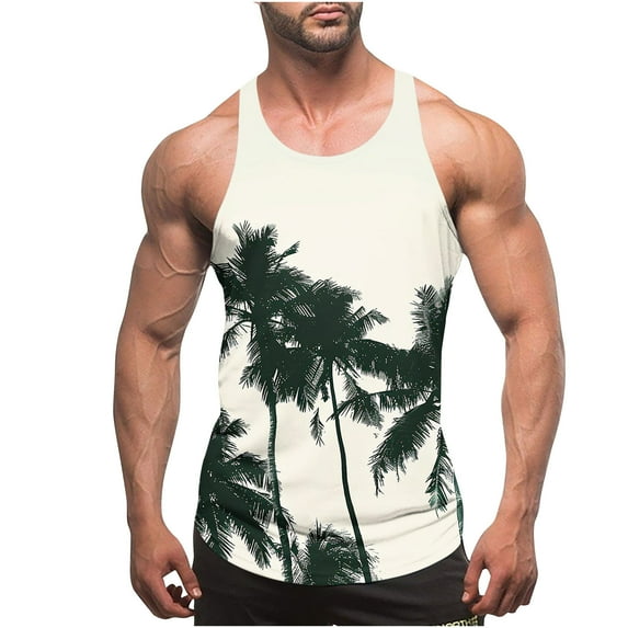 Gifts for Men! Titcea Tank Tops Men Palm Tree Printed Round Neck Sleeveless Thin Strap Leakage Back Shirts Hawaiian Beach Holiday T Shirts Summer Casual Tank Top