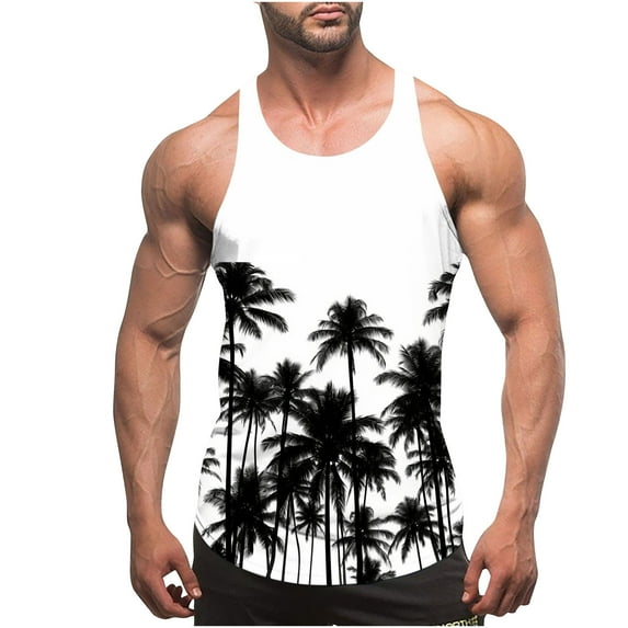 Gifts for Men! Titcea Tank Tops Men Palm Tree Printed Round Neck Sleeveless Thin Strap Leakage Back Shirts Hawaiian Beach Holiday T Shirts Summer Casual Tank Top