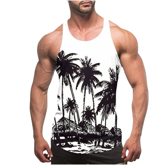 Gifts for Men! Titcea Tank Tops Men Palm Tree Printed Round Neck Sleeveless Thin Strap Leakage Back Shirts Hawaiian Beach Holiday T Shirts Summer Casual Tank Top