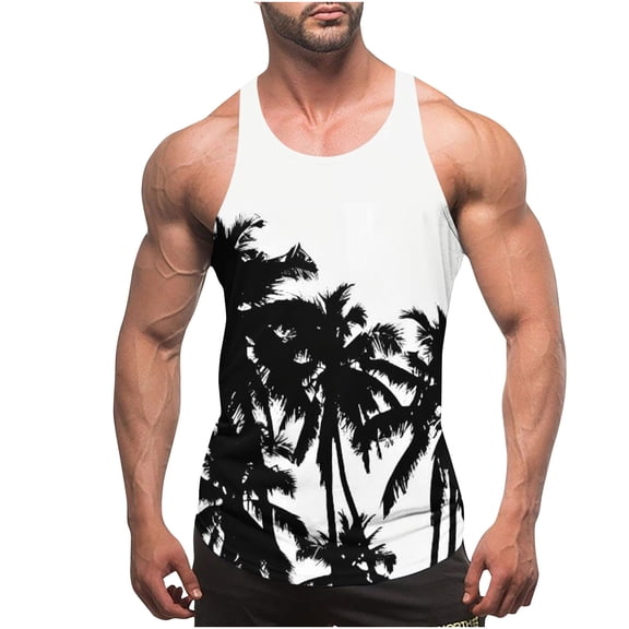 Gifts for Men! Titcea Tank Tops Men Palm Tree Printed Round Neck Sleeveless Thin Strap Leakage Back Shirts Hawaiian Beach Holiday T Shirts Summer Casual Tank Top
