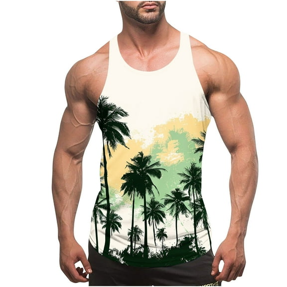 Gifts for Men! Titcea Tank Tops Men Palm Tree Printed Round Neck Sleeveless Thin Strap Leakage Back Shirts Hawaiian Beach Holiday T Shirts Summer Casual Tank Top
