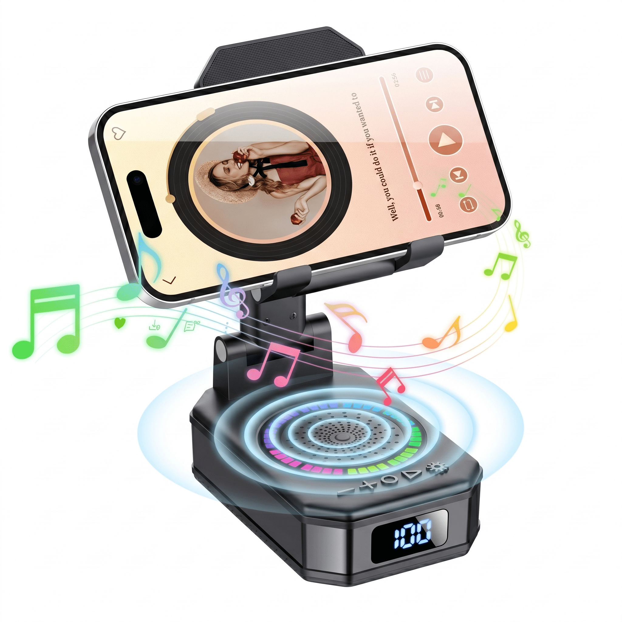 Wireless Bluetooth 5.4 speaker, 4-in-1 Cell Phone Stand with Bluetooth Speaker, RGB Lights Non-Slip Base 3000mAh Battery, Compatible with Iphone/Android/Ipad, Gifts for Men Women