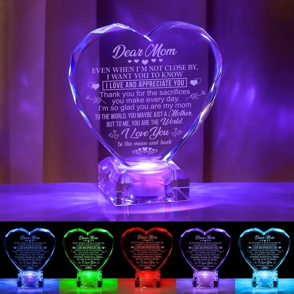 Perfect Gifts for Mom Birthday  Christmas Valentines Mothers Day Gifts from Daughter Son, Engraved Crystal Heart with Rechargeable Color