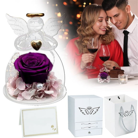 Gifts for Mom Birthday, Glass Angel With Real Preserved Rose Inside, Valentine's Day/Mother's Day Gift, Purple Forever Flowers Gift for Grandma Wife Girlfriend