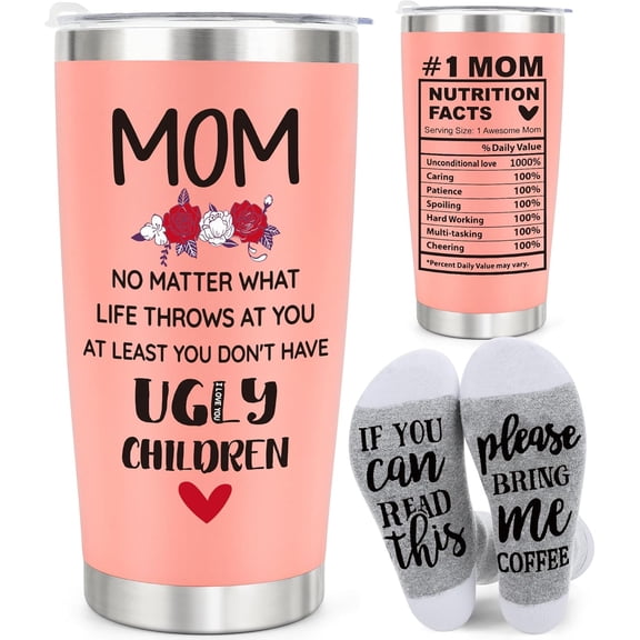 Gifts for Mom Christmas Mom Gifts from Daughter Son, Xmas Birthday Mama Bonus Stepmom Mother in Law Funny Present, Mothers Day Family Parents Gift, 20oz Pink Tumbler Cup and Socks Set