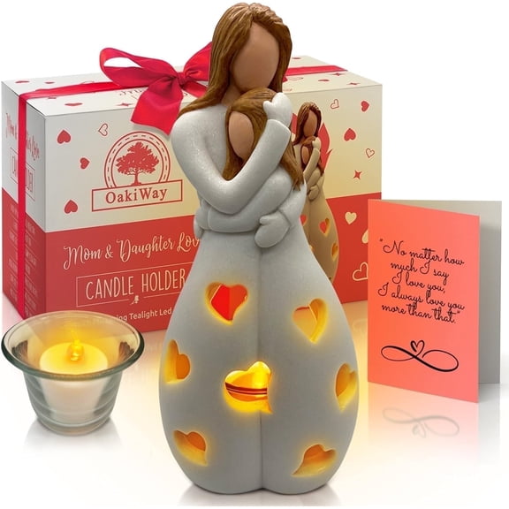 OakiWay Mother-Daughter Love Statue candle holder with Flickering LED Light - Hand-Painted Resin Figurine, Heart-Shaped Design, Gift-Ready with Greeting Card for Mother’s Day or Special Occasions