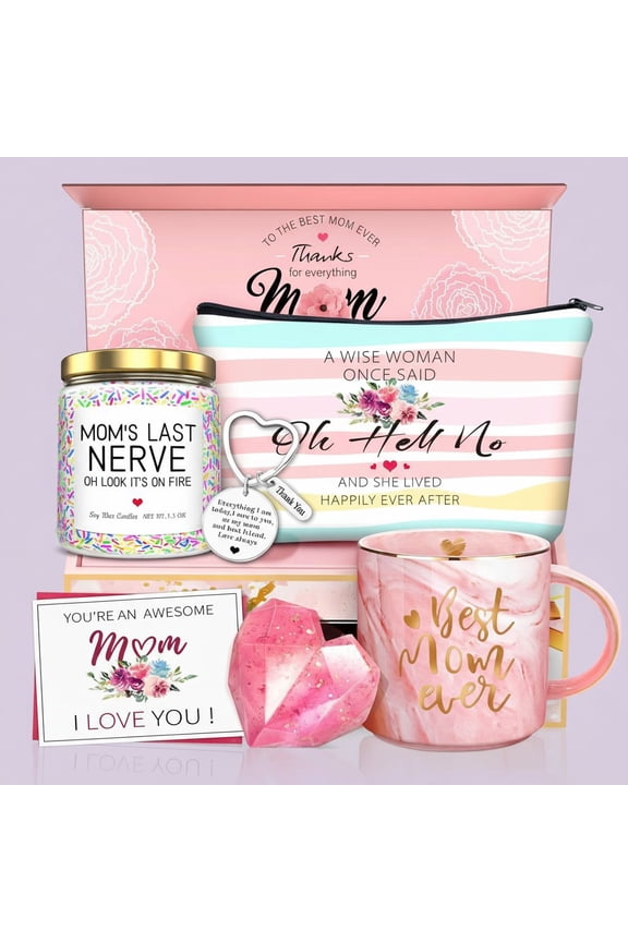 Gifts for Mom from Daughter Son, Mother's Day Gifts for Mom, Wife, Christmas Gift Basket, Best Mom Ever Coffee Mug Set with Lavender Candles, Soap Make-up Bag, Keychain