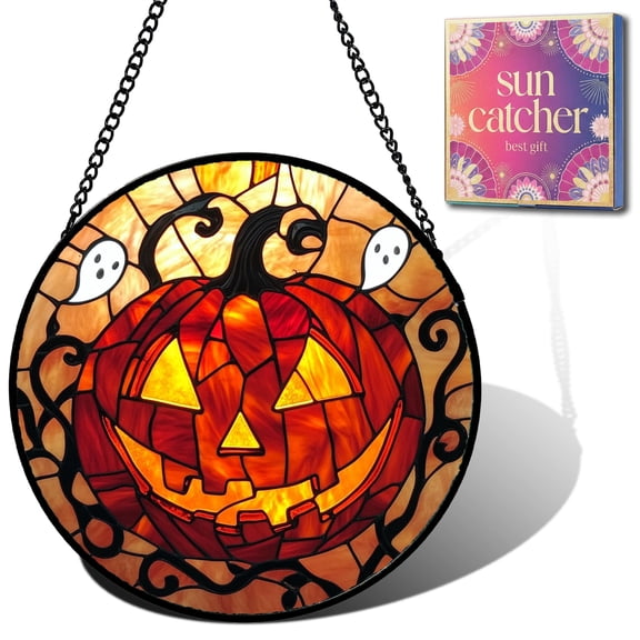 Gifts for Mom - Horror Pumpkin Faux Stained Glass Window Hanging Sun Catcher for Door Garden Acrylic Decor Mother's Day Halloween Stocking Stuffer Gift for Women Nana Men Grandma 7.8 in